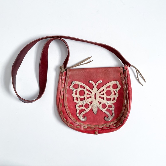 Vintage Distressed Butterfly Red Leather Over the Shoulder Bag - Picture 1 of 6